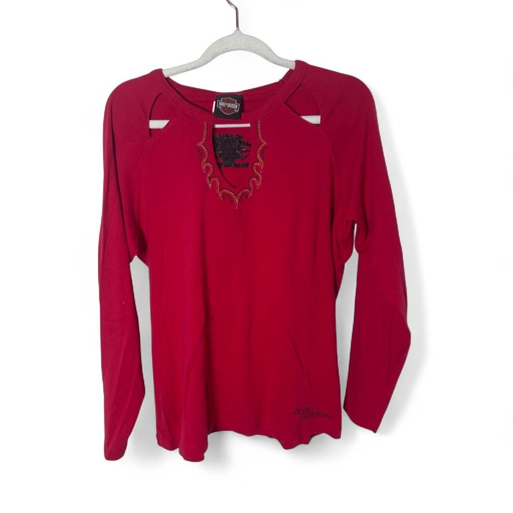 Harley Davidson red long sleeve top with cut out detail and rhinestone logo  XL